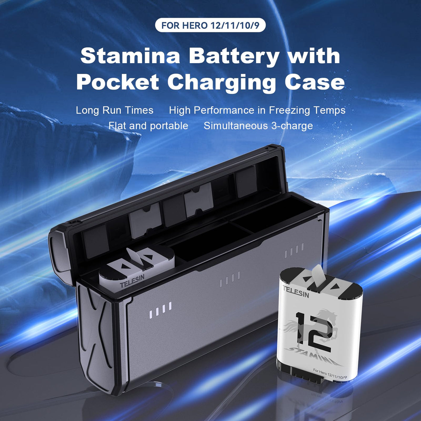 TELESIN 2-Pack Stamina Battery and Pocket Storage Charging Box Bundle for GoPro HERO12/11/10/9 Multifunctional with Flat Design
