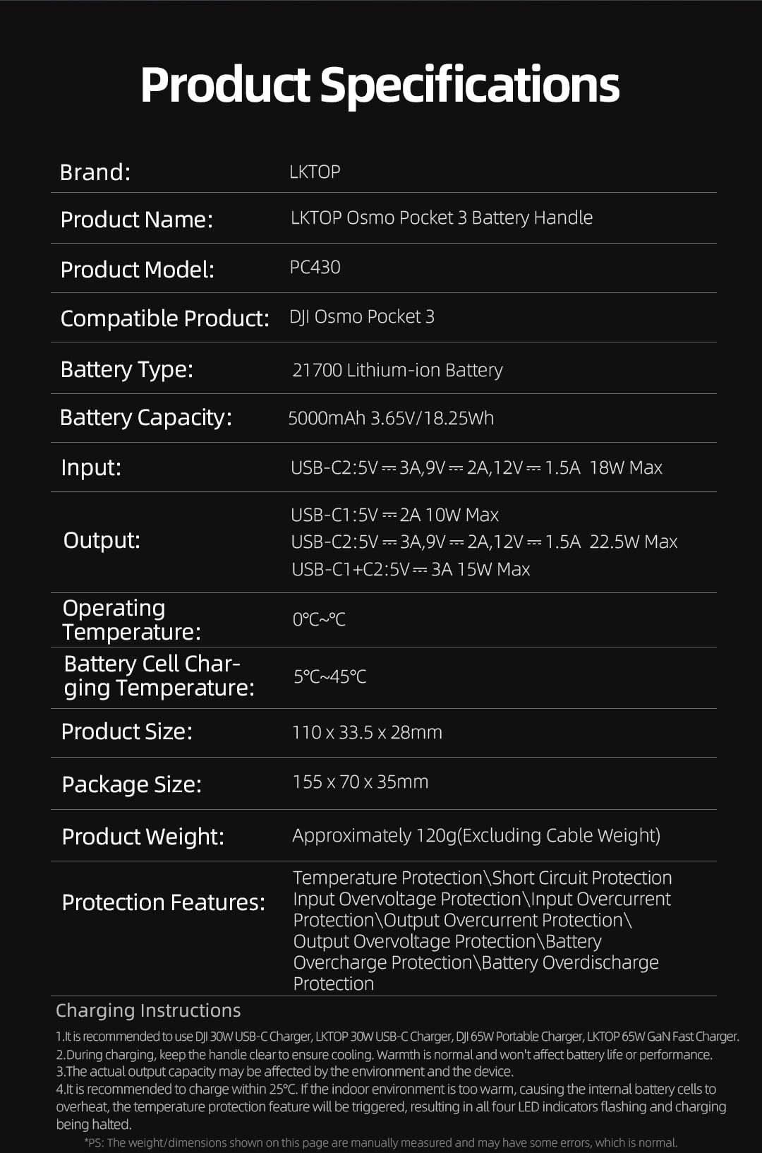 LKTOP Osmo Pocket 3/4 Battery Handle Grip | Built-in 5000mAh Battery 22.5W Fast Charging with Reserved 1/4” Thread Hole Compatible with DJI Pocket 3/4