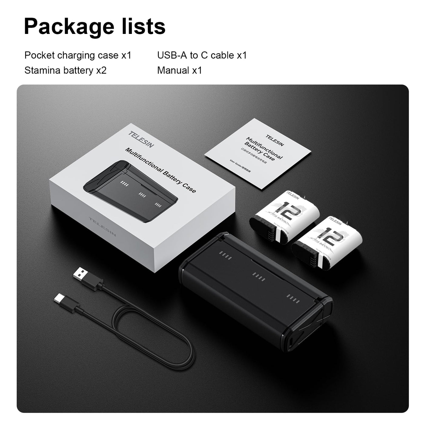 TELESIN 2-Pack Stamina Battery and Pocket Storage Charging Box Bundle for GoPro HERO12/11/10/9 Multifunctional with Flat Design