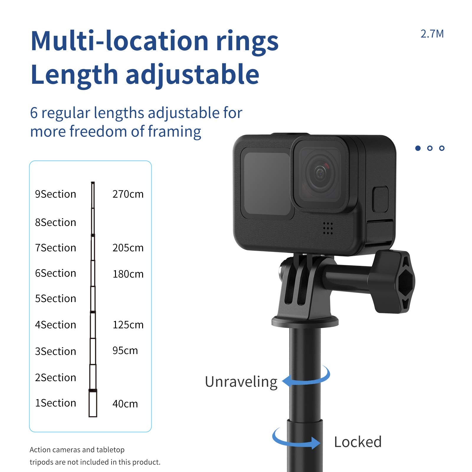 TELESIN 2nd Gen 2.7M Ultra Long Carbon Fiber Selfie Stick for GoPro Insta360 DJI Action Osmo Action Extendable at 6 Lengths
