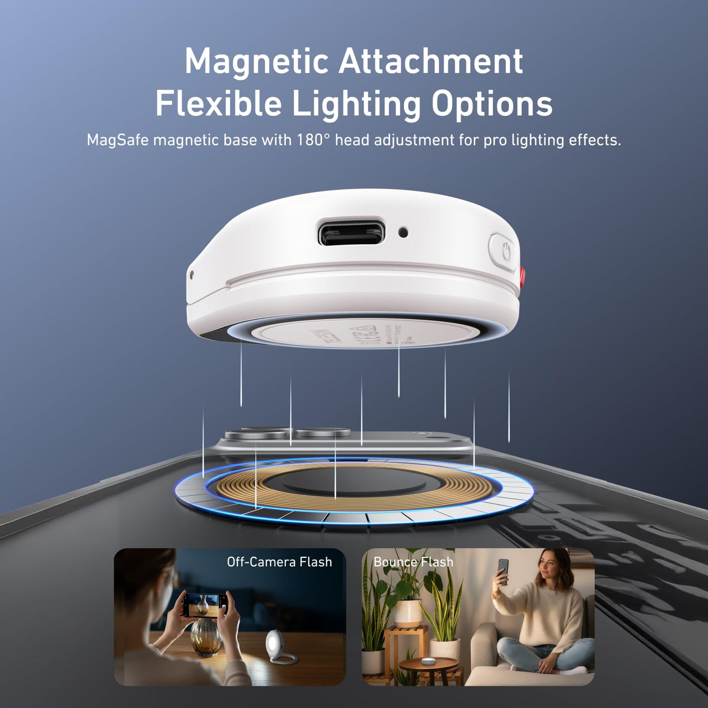 TELESIN Magnetic Mini Flashlight for Phone | Portable LED Flash Light Compatible with MagSafe, 15W 5000Lux 180° Adjustable with Bluetooth Control (White)