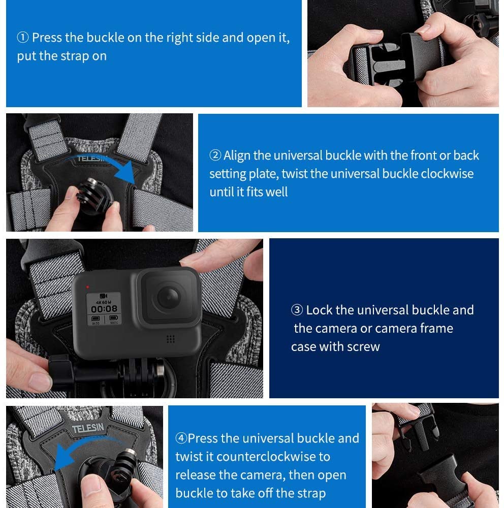 TELESIN Chest Strap Mount, Front & Back Dual Angle Chest Harness Wearing Belt Mount for GoPro, Insta360. DJI Action 2 Osmo Action Camera Accessories