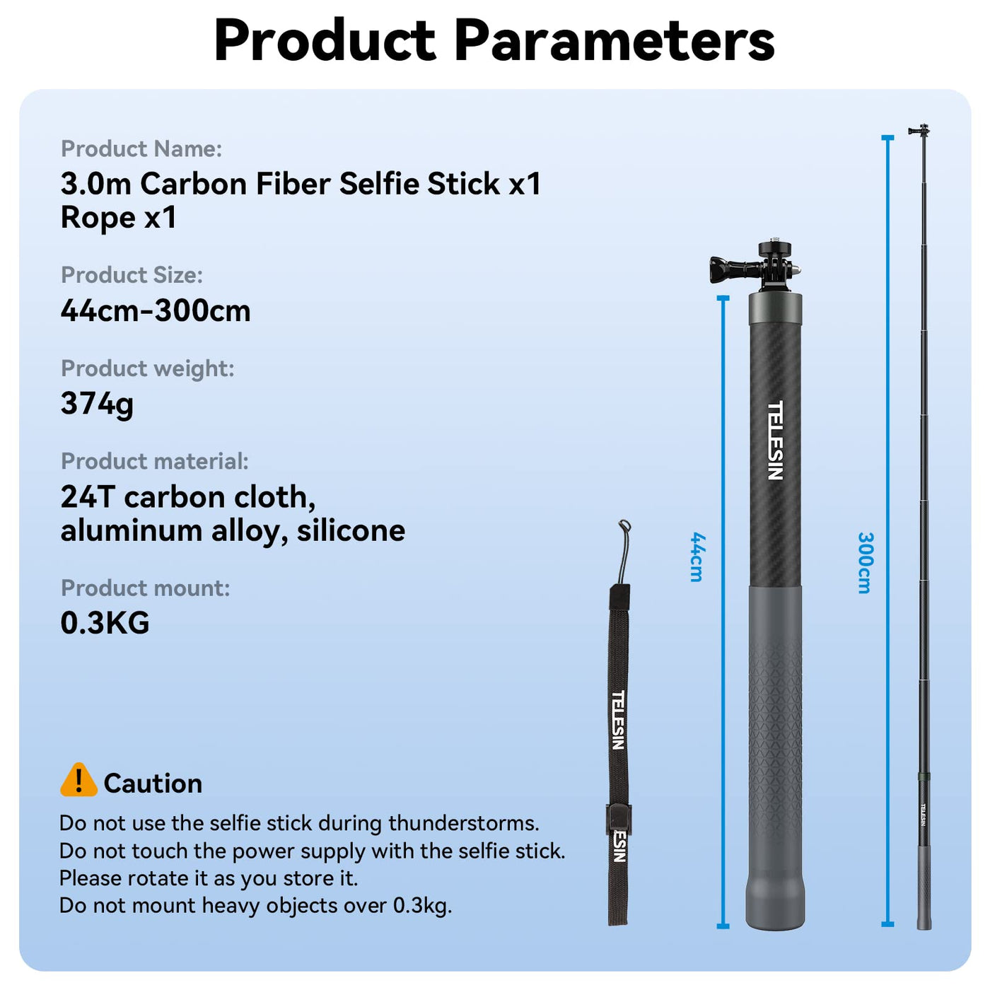 TELESIN 2Nd Gen 3 Meter Ultra Long Carbon Fiber Selfie Stick for Action Camera