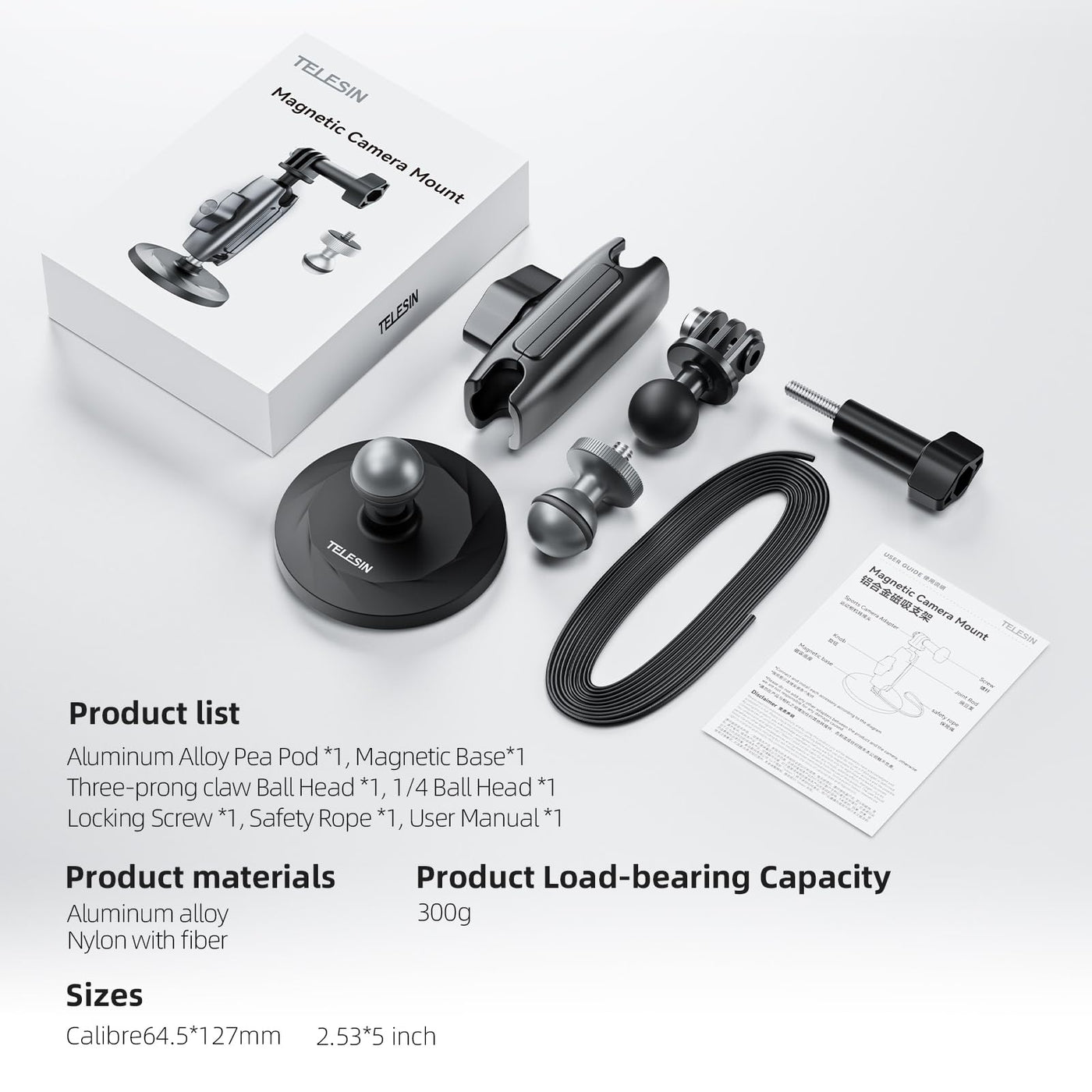 TELESIN Aluminum Alloy Magnetic Camera Mount | 360 Rotation Magic Arm Car Body Magnet Metal Attachment for GoPro Insta360 DJI Action Camera