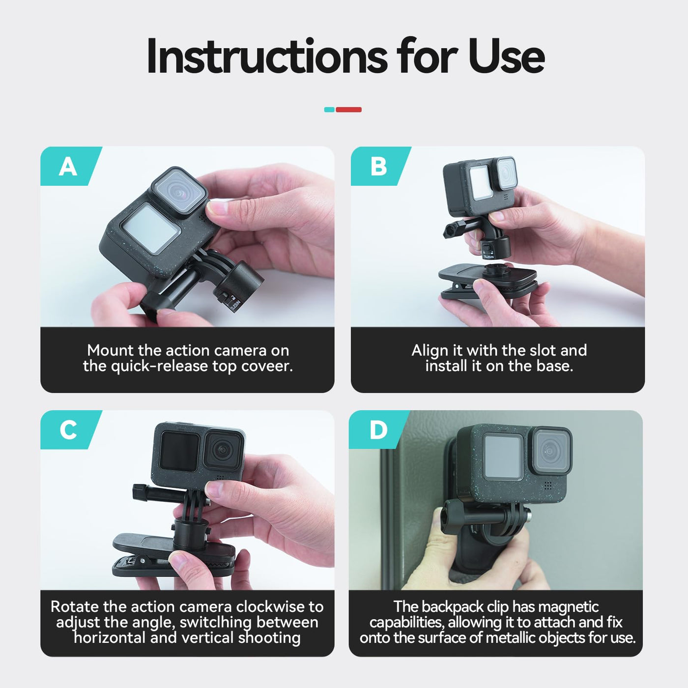 TELESIN S2 Quick Release Magnetic Backpack Strap Mount | 360 Degree Swivel Clip Compatible with GoPro Insta360 DJI Action Osmo Pocket Accessories