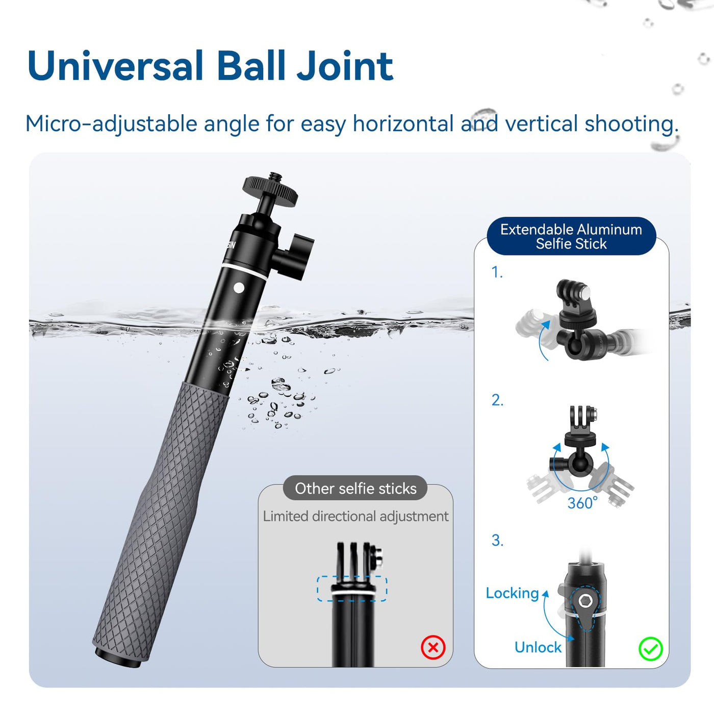 TELESIN 65cm Waterproof Selfie Stick with 360 Degree Ball Head | Underwater Snorkeling Diving Extension Monopod for GoPro Insta360 DJI Osmo Action Camera