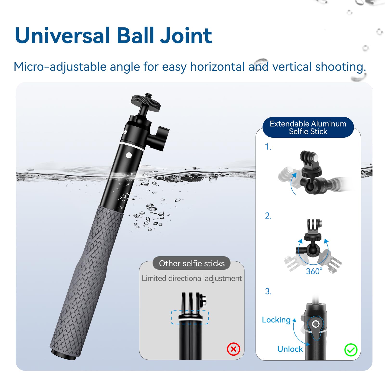 TELESIN 65cm Waterproof Selfie Stick with 360 Degree Ball Head | Underwater Snorkeling Diving Extension Monopod for GoPro Insta360 DJI Osmo Action Camera