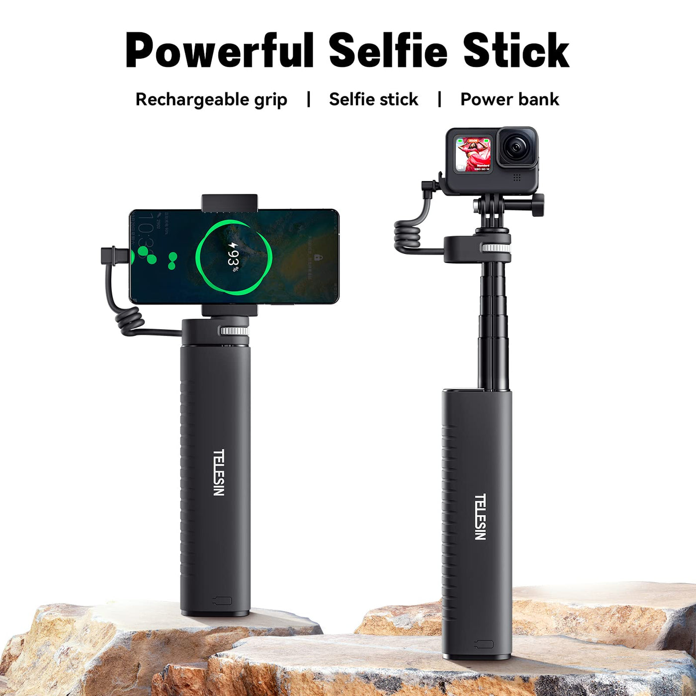 TELESIN Selfie Stick 10000mAh Battery with USB-C Cable for Action Camera