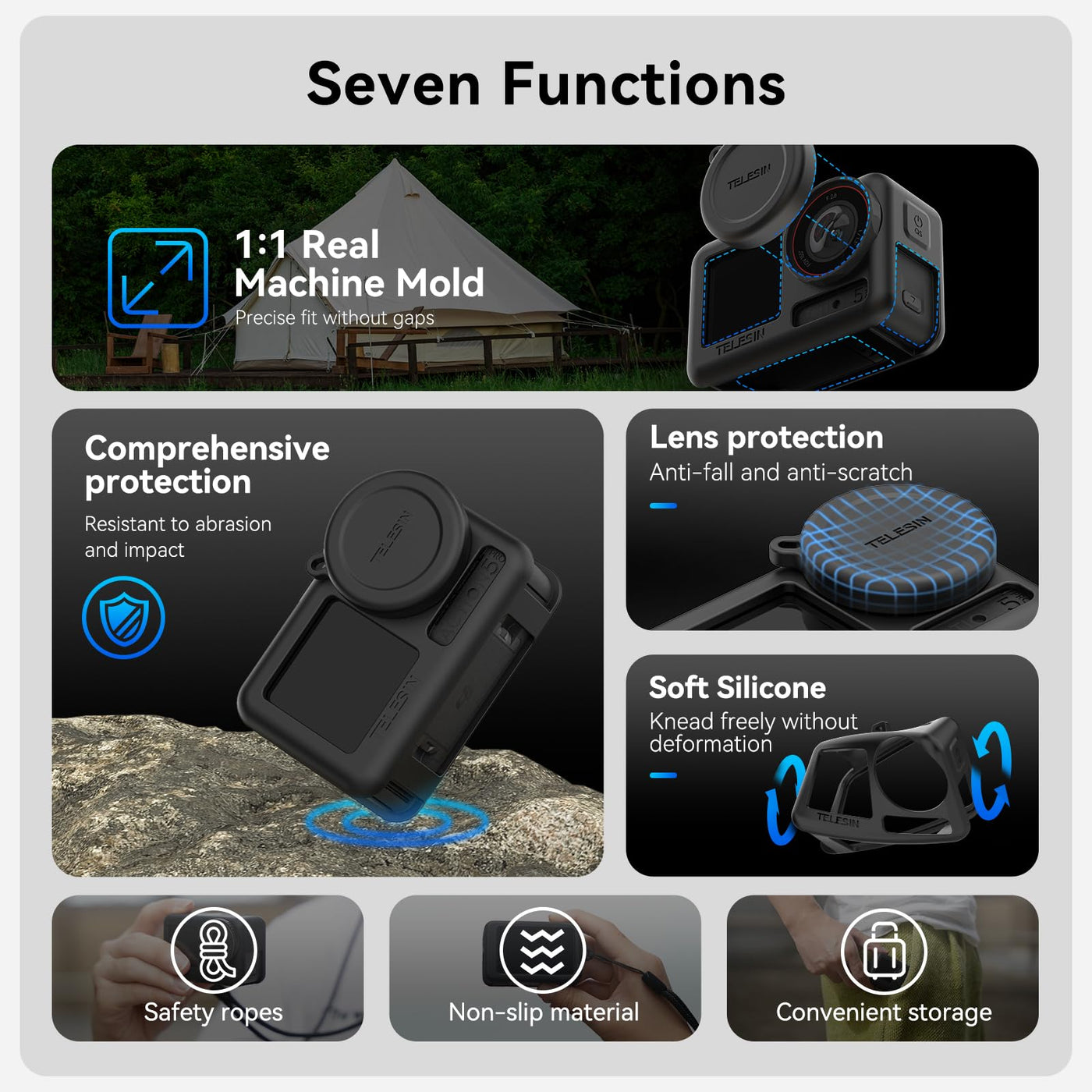 TELESIN Upgraded Silicone Case 2.0 For DJI Osmo Action 3 4 5 Pro with Lens Cap | Drop Proof DJI Action 3 4 5 Protective Case