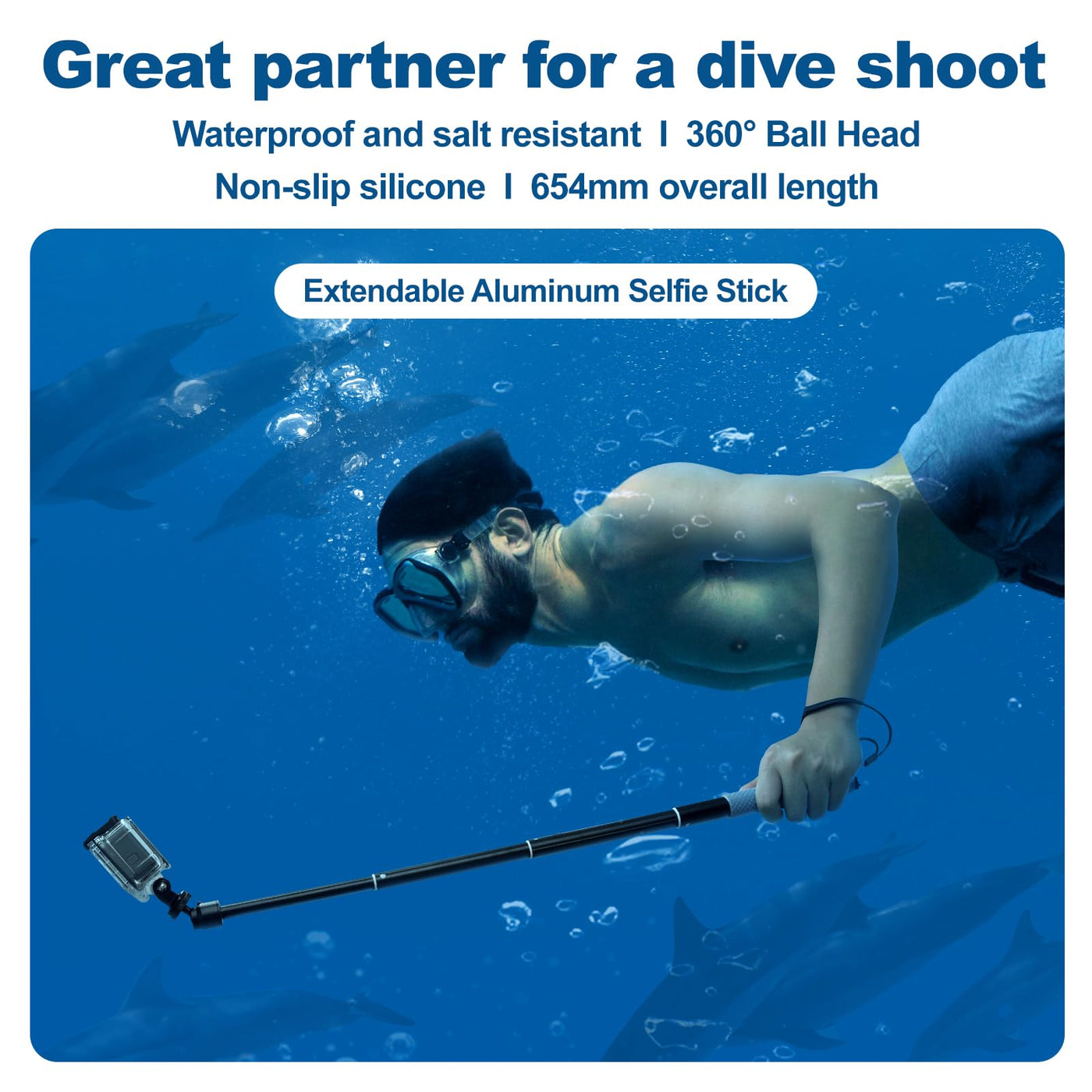 TELESIN 65cm Waterproof Selfie Stick with 360 Degree Ball Head | Underwater Snorkeling Diving Extension Monopod for GoPro Insta360 DJI Osmo Action Camera
