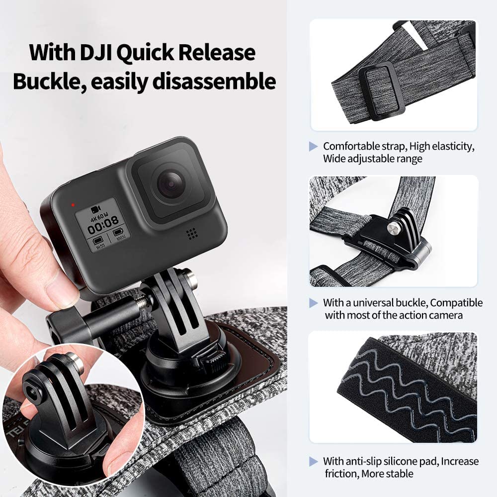 TELESIN Head Strap Mount 180° Rotation Front & Back Dual Angle with Quick Release Hat Clip Compatible with GoPro Hero 11 10 9 8 7 6 MAX Insta360 One R One X2 GO2 DJI Action 2 Osmo Action Pocket