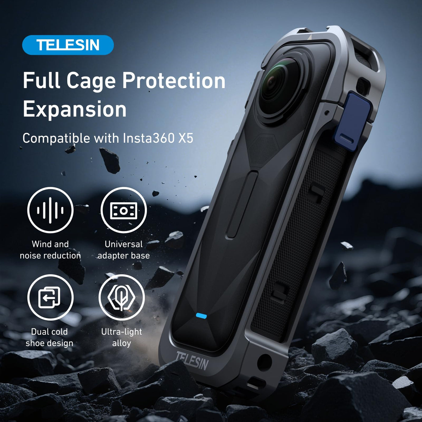 TELESIN Aluminum Metal Full Cage Protection for Insta360 X5 | Utility Protective Frame Case Housing for Insta 360 X5, Cold Shoe Port with 1/4" Threads Mount