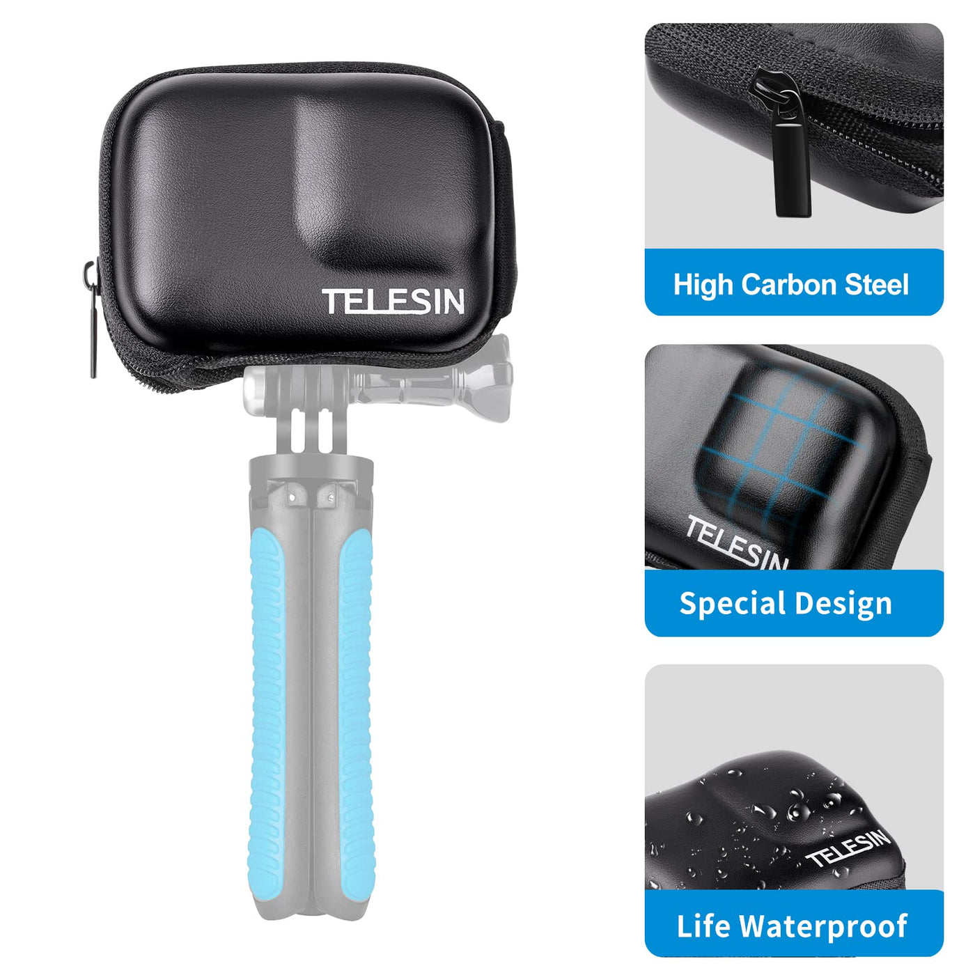 TELESIN Small Carry Case for GoPro HERO12 11 10 9 Black | Protective Case with Half Open Zipper Supports Connecting with Selfie Stick and Tripod