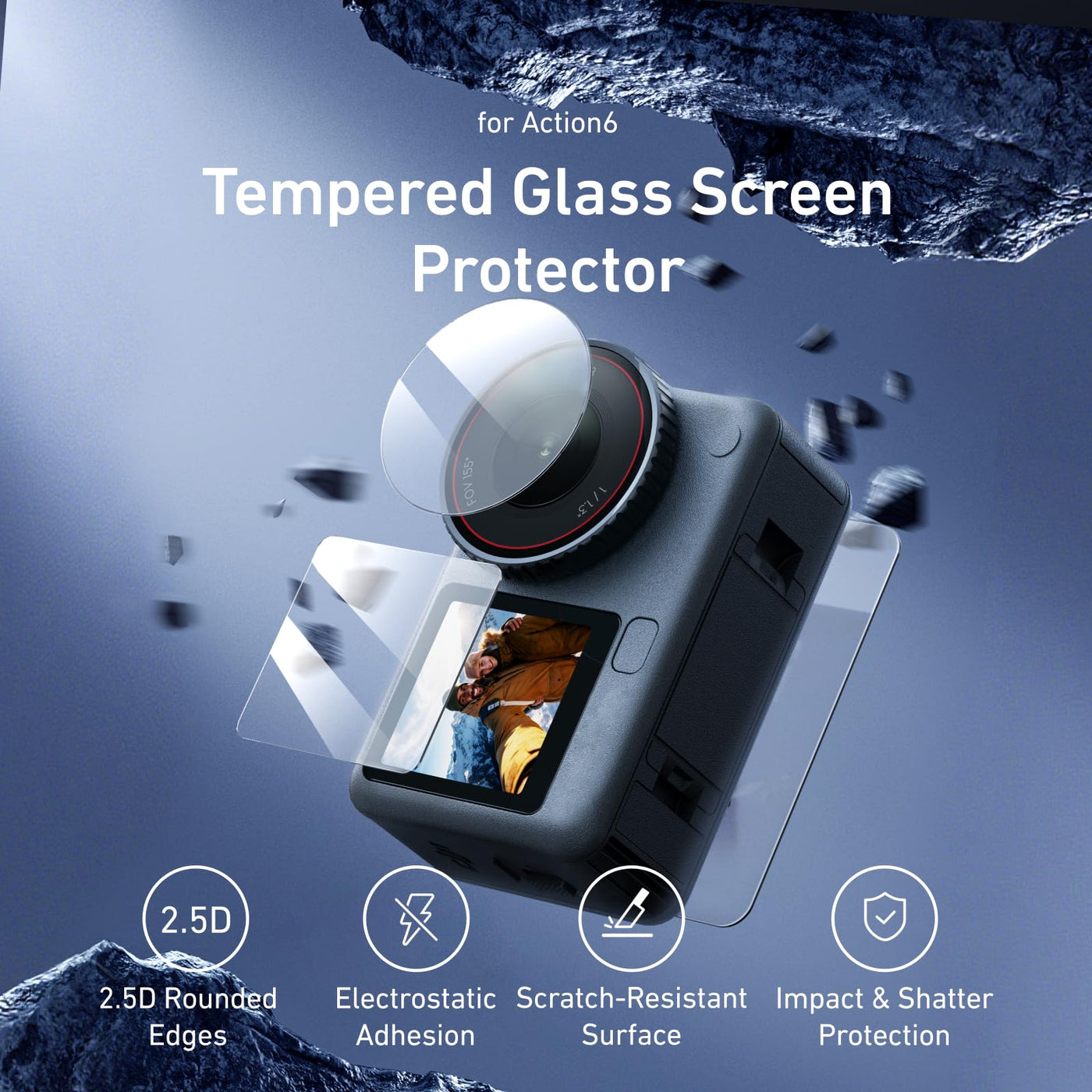 TELESIN 2-Pack Tempered Glass Screen Lens Protector for DJI Osmo Action 6 | Full Protection, Ultra HD, 9H Hardness, Scratch Resistant Tempered Glass Screen Protector and Lens Protective film