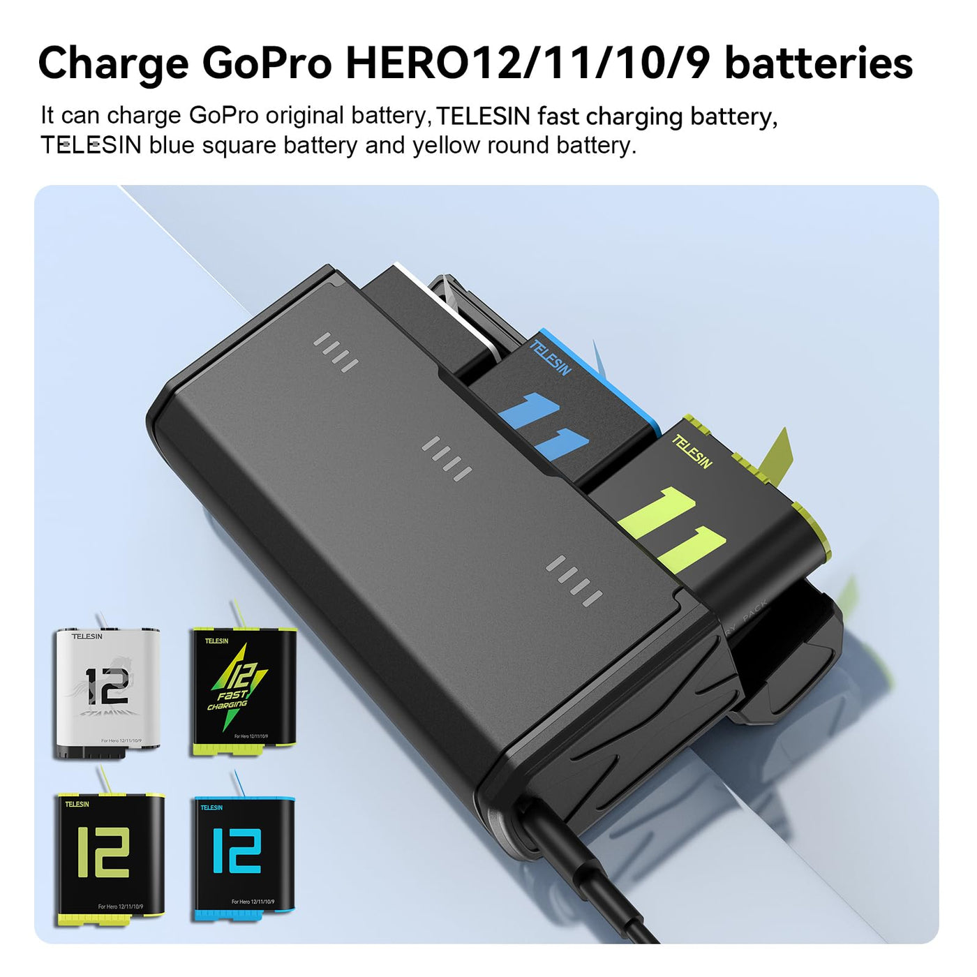 TELESIN 2-Pack Stamina Battery and Pocket Storage Charging Box Bundle for GoPro HERO12/11/10/9 Multifunctional with Flat Design