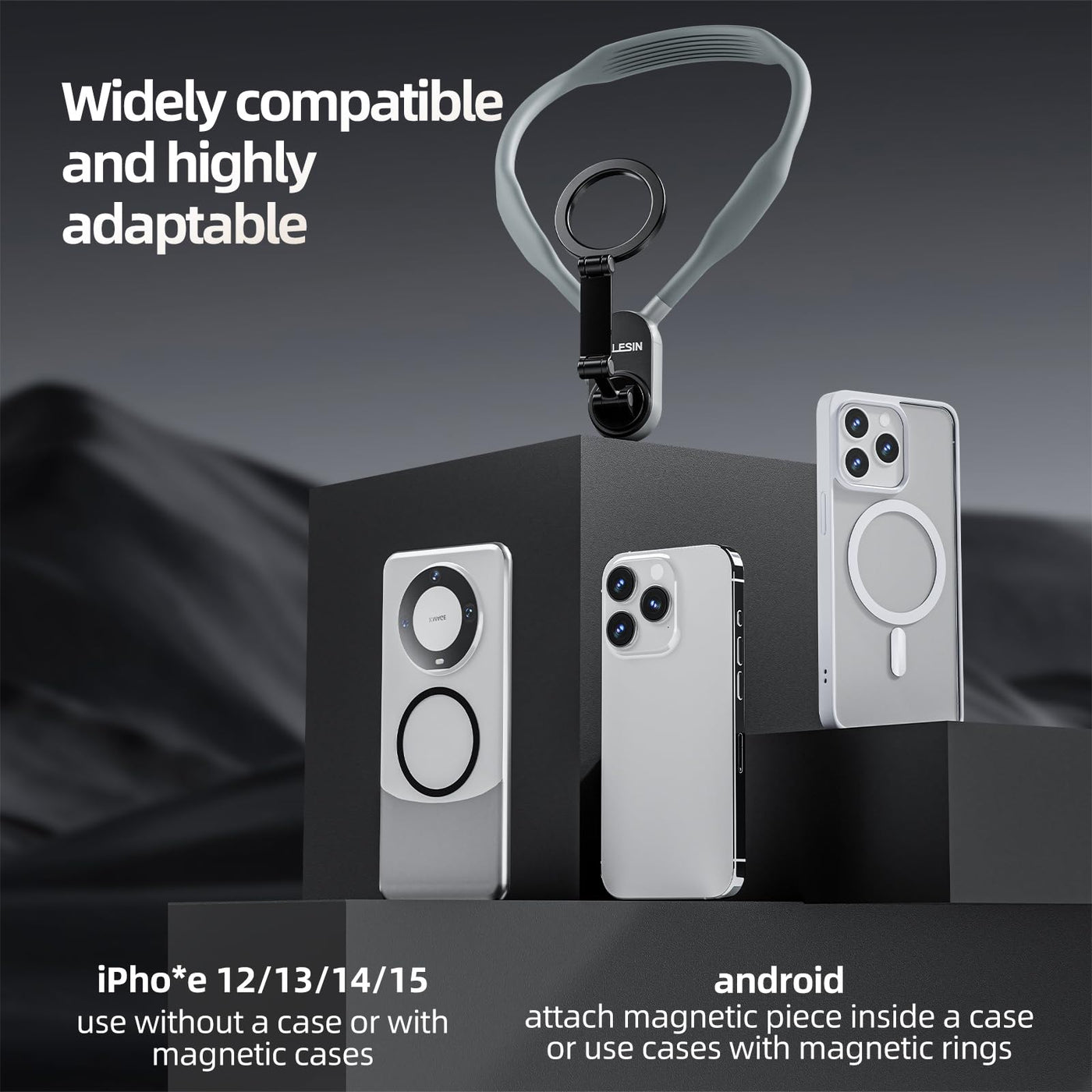 TELESIN Magnetic Neck POV Mount for Mobile Phone | Cell Phone Neck Holder Vlog Selfie Mount Hand Free Chest Stand Strap for iPhone 15 14 13 12 Series Android Phones - Grey