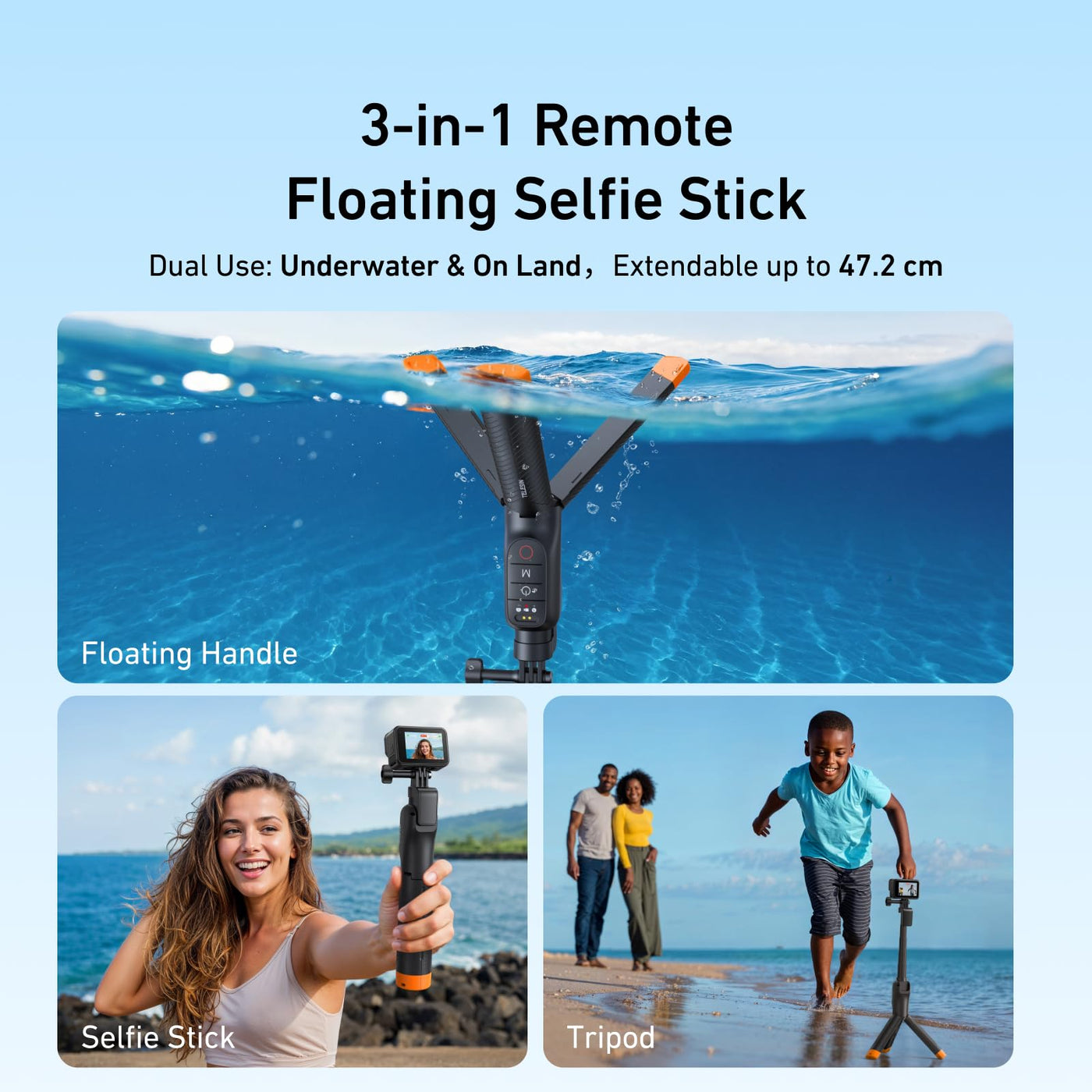 TELESIN 3-in-1 Bluetooth Remote Control Floating Tripod for GoPro HERO13/12/11/10/9/Max | 15 Meter Depth Waterproof Extendable Selfie Stick Hand Grip with Signal Booster