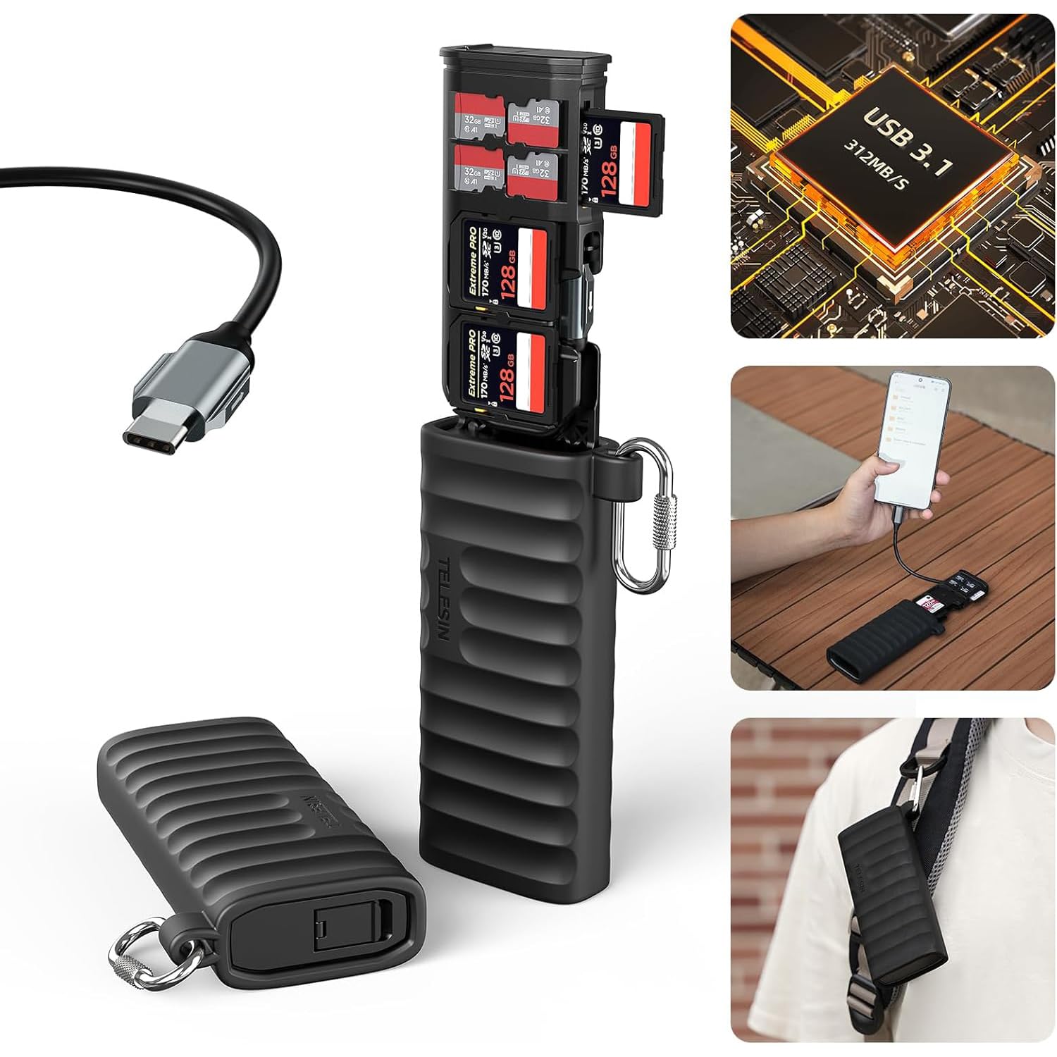 TELESIN Micro SD/TF Card Reader High-Speed USB 3.1 Type-C | Dual Slots Memory Card Carrying Case