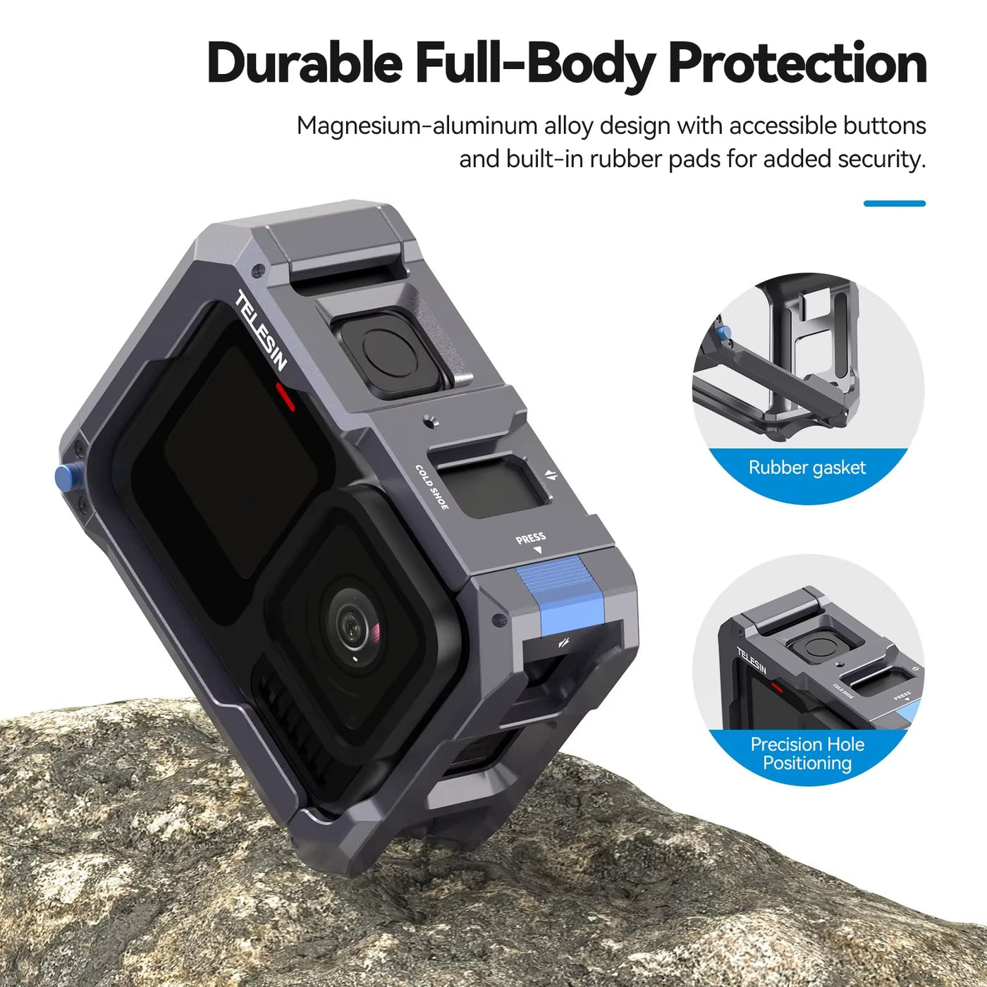 TELESIN Metal Cage Ultra for GoPro HERO 13/12/11/10/9 | Upgrade Magnesium-Aluminum Alloy Protective Frame Case with Side Charging Protection Cold Shoe