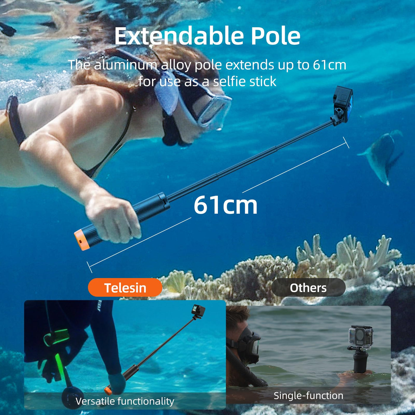 TELESIN Floating Hand Grip Tripod Waterproof Extendable Selfie Stick for GoPro Insta360 DJI Osmo Action Camera