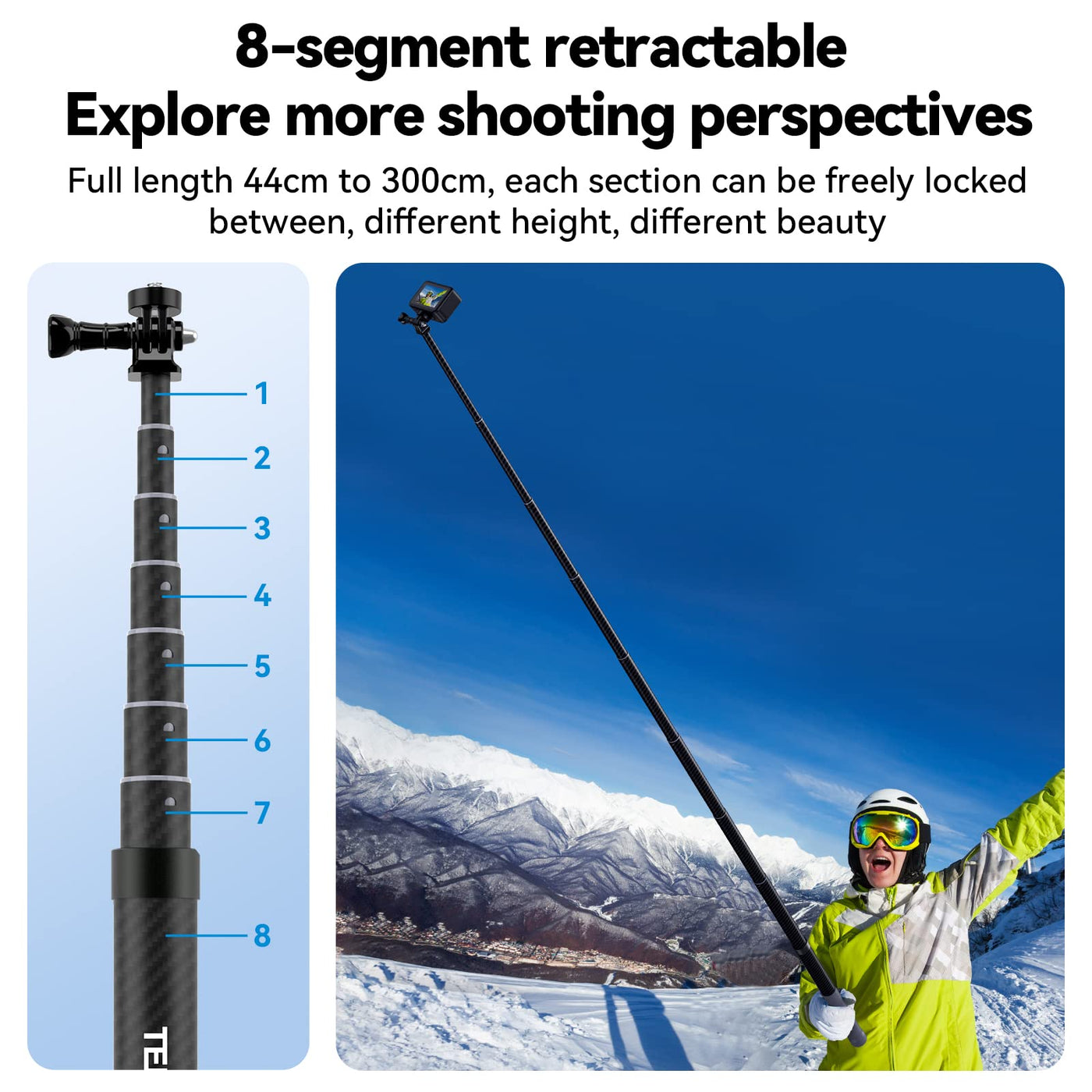 TELESIN 2Nd Gen 3 Meter Ultra Long Carbon Fiber Selfie Stick for Action Camera