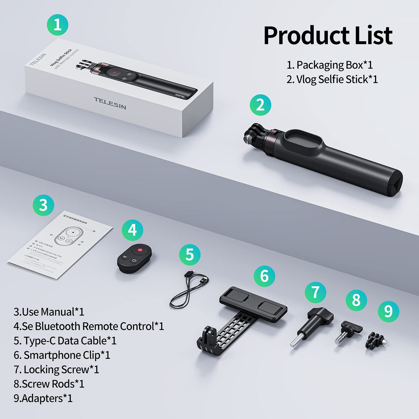 TELESIN Wireless Remote Control Selfie Stick for GoPro HERO13 HERO12 HERO11 HERO10 HERO9 GoPro Max with Phone Holder Clip and Tripod for Action Camera Mobile Phone