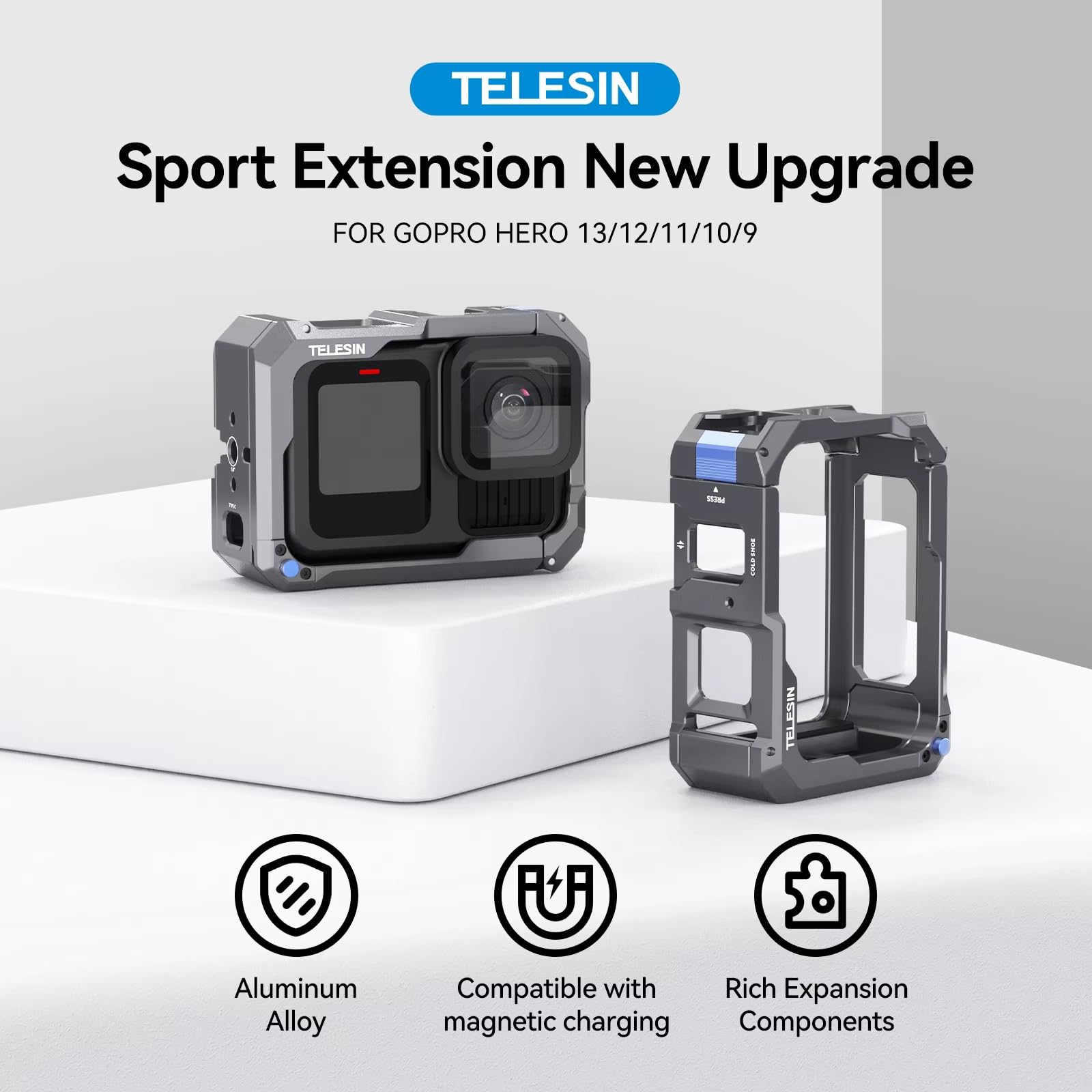 TELESIN Metal Cage Ultra for GoPro HERO 13/12/11/10/9 | Upgrade Magnesium-Aluminum Alloy Protective Frame Case with Side Charging Protection Cold Shoe