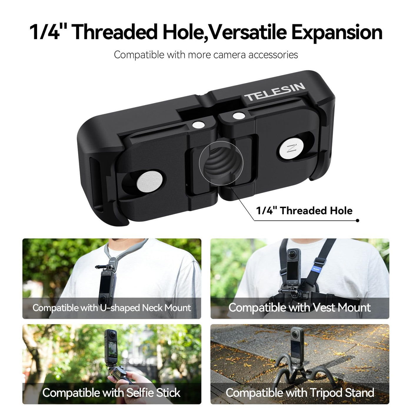 TELESIN Quick Release Base Mount For Insta360 X4 | Magnetic Aluminum Two-Claw Adapter with 1/4" Screw