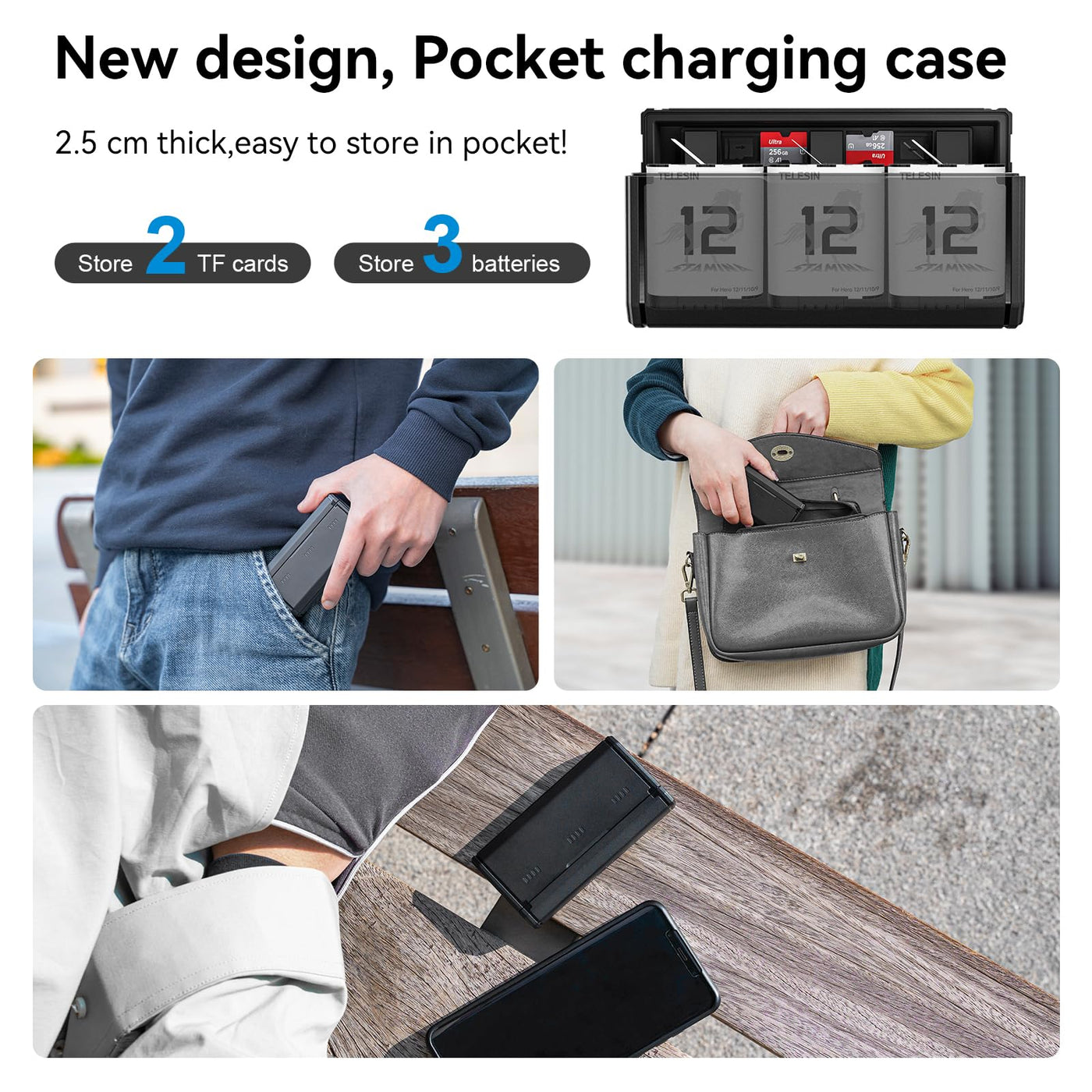 TELESIN 2-Pack Stamina Battery and Pocket Storage Charging Box Bundle for GoPro HERO12/11/10/9 Multifunctional with Flat Design