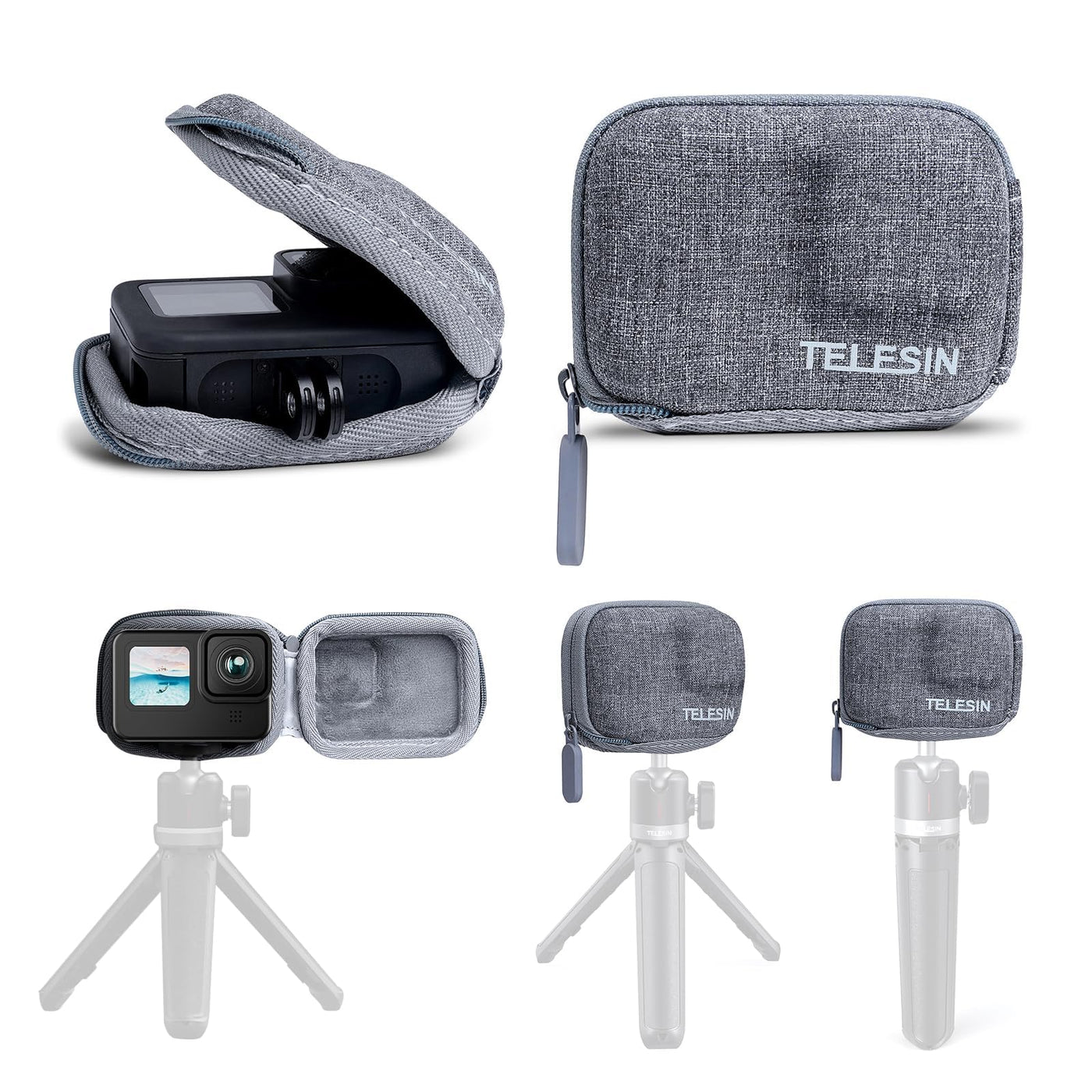 TELESIN Small Carry Case for GoPro HERO13/12/11/10/9/8, Pocket Size Protective Case Travel Bag with Half Open Zipper Supports Connecting with Selfie Stick and Tripod Accessories -Grey