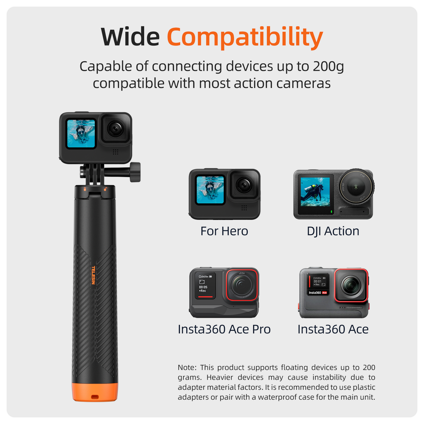 TELESIN Floating Hand Grip Tripod Waterproof Extendable Selfie Stick for GoPro Insta360 DJI Osmo Action Camera